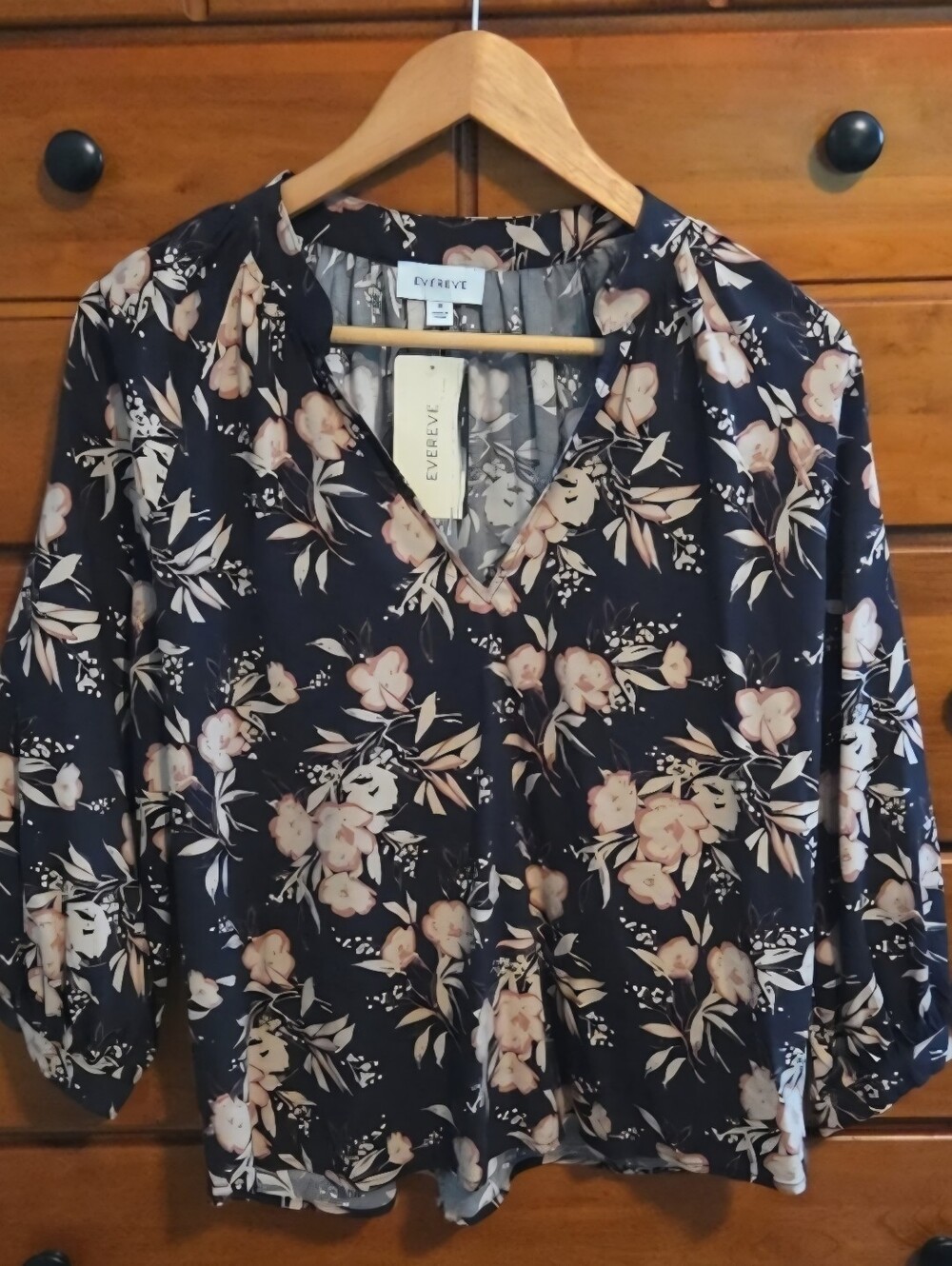 Evereve Black, Cream, and Salmon Floral V-Neck Puff Sleeve Blouse